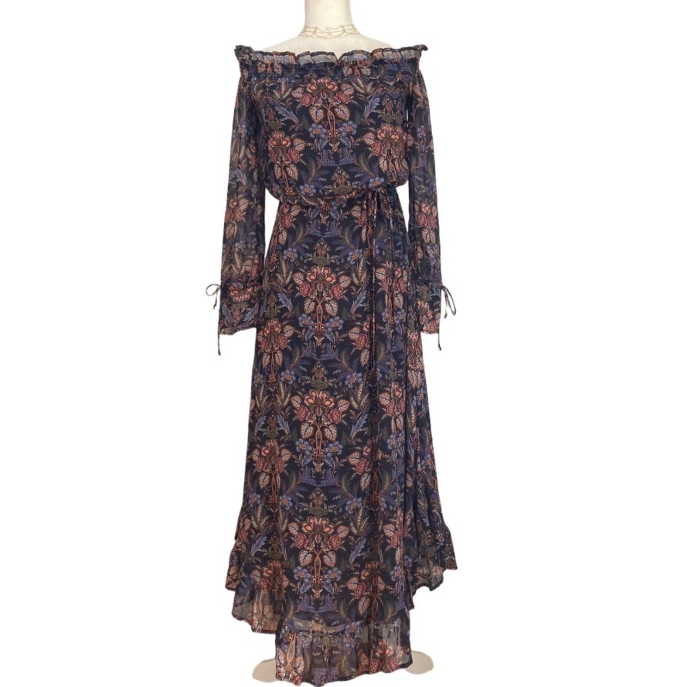 ECRU Clothing Silk Floral Ruffle Maxi Dress On or off Shoulder - Picture 9 of 11